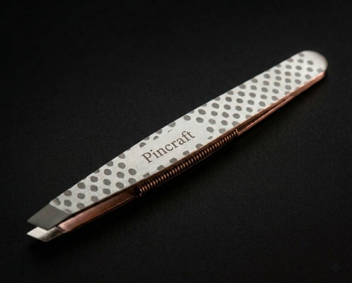 Pincraft Bella tweezer with etched polka pattern on a deep black background