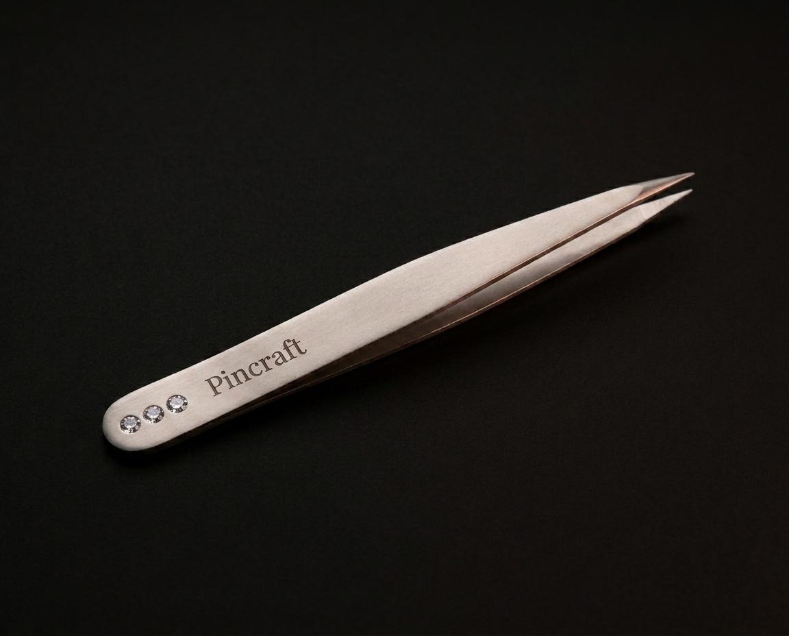 Pincraft Elegante tweezer with crystal floral motif on a deep black background