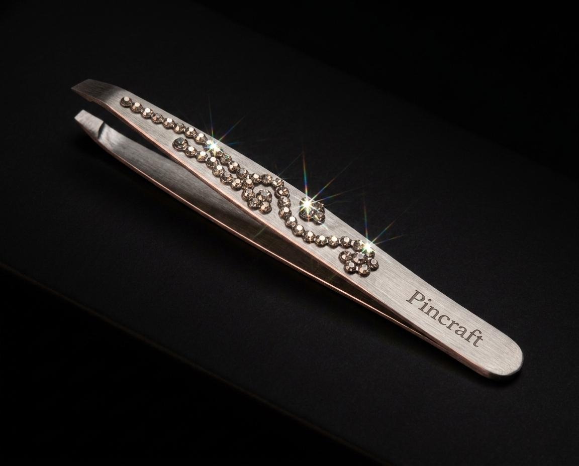 Pincraft Solitaire tweezer with three Swarovski crystals on a deep black background