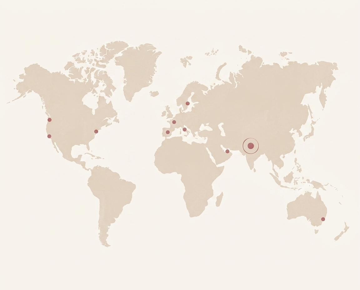 World map showing Pincraft client locations across Europe, North America, the Middle East, and Australia, with origin in northern India