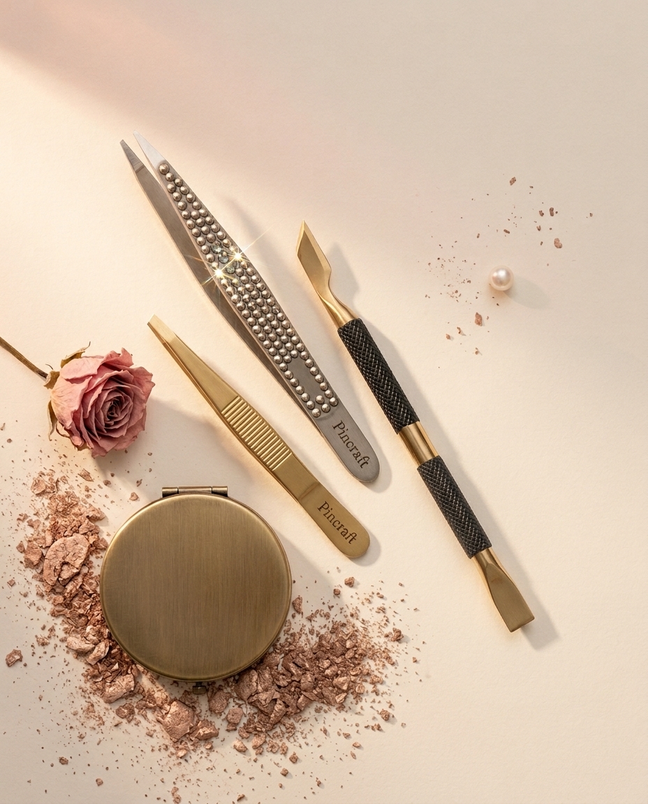 A constellation of Pincraft beauty tools in gold and steel falling onto a pile