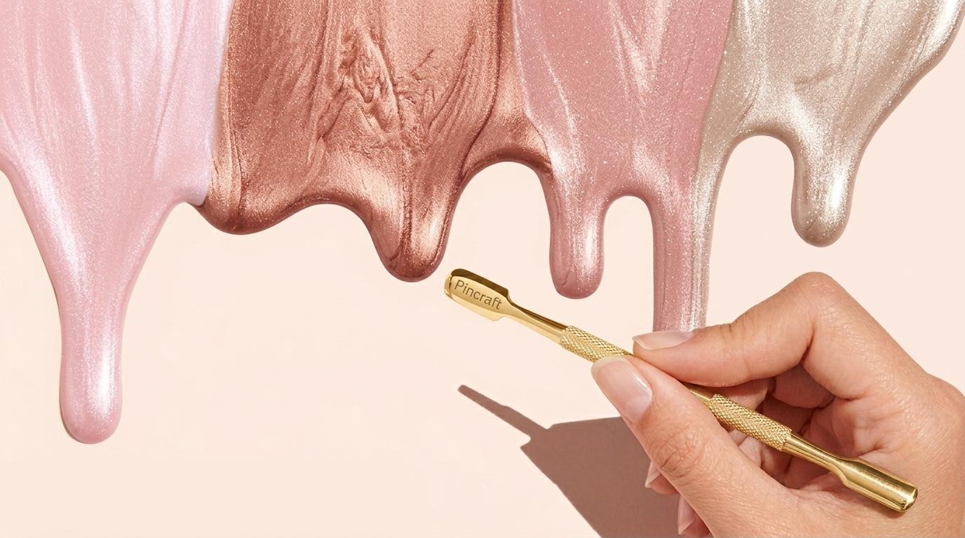 Pincraft gold cuticle pusher held beside dripping cosmetic pigments in pink, rose gold, and champagne