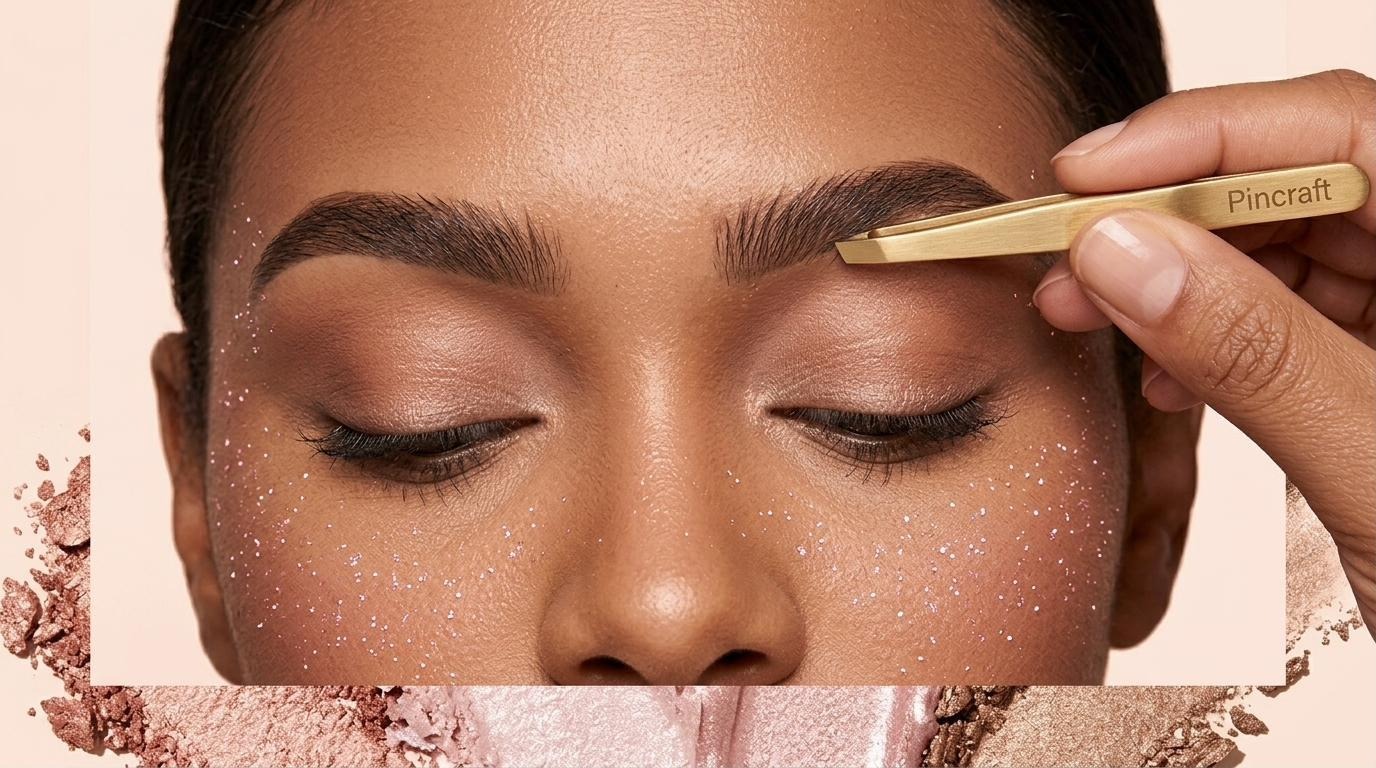 Close-up of a model shaping her eyebrow with a gold Pincraft tweezer