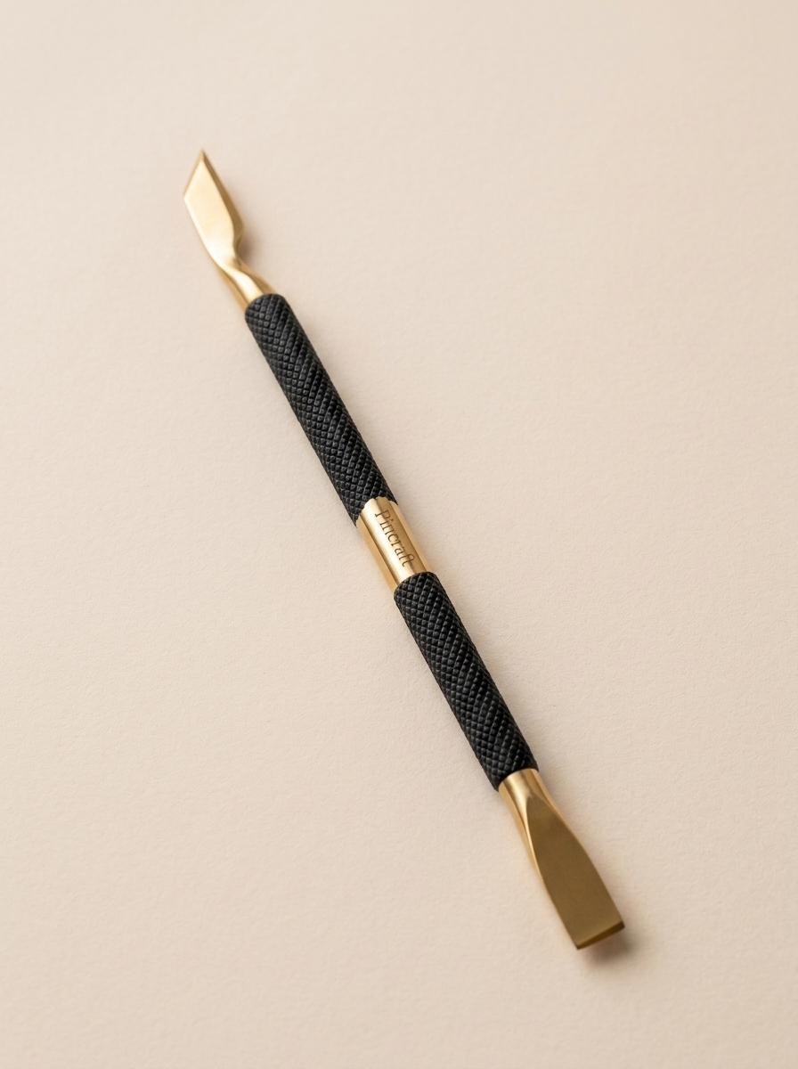 Pincraft cuticle pusher with gold finish and textured black grip